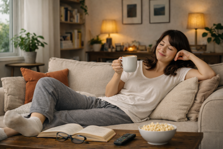 Woman lounging on couch with mug and open book