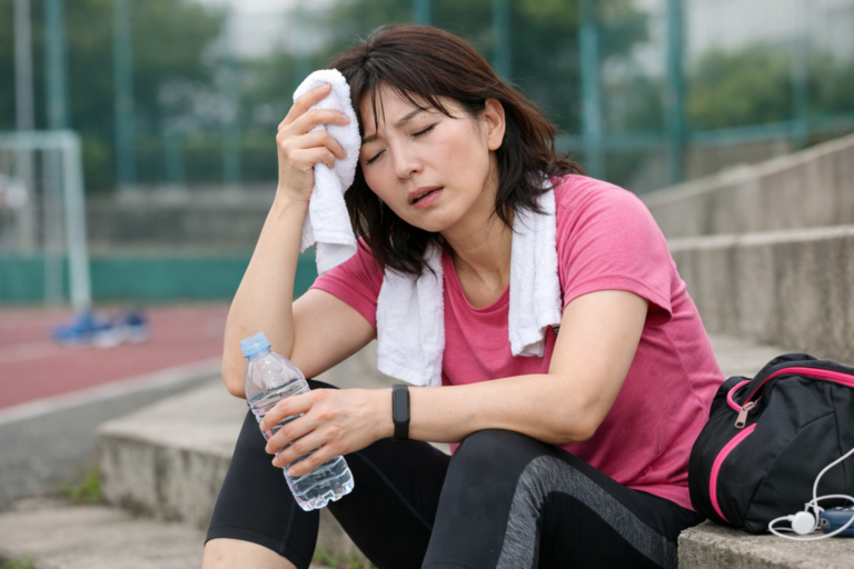 Woman sitting on outdoor steps, wiping sweat with towel and holding water bottle